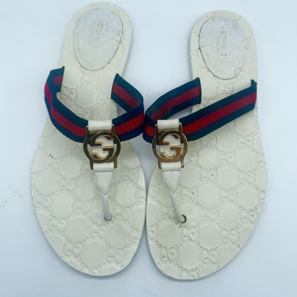 Gucci White leather GG web Thong Fabric Navy blue red stripe sandals EU 37.5
